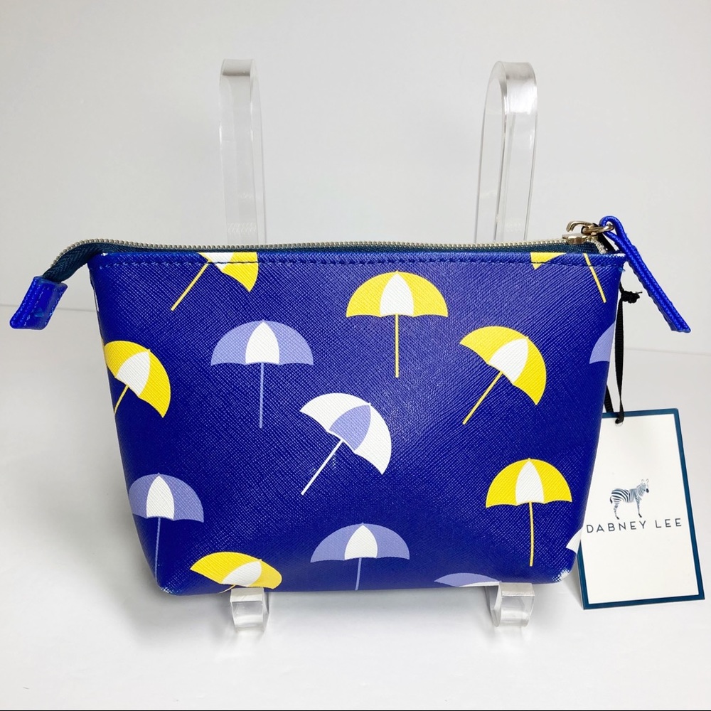 Dabney Lee Cobalt Blue Make Up Bag Umbrella Print Yellow White Zipper NEW
